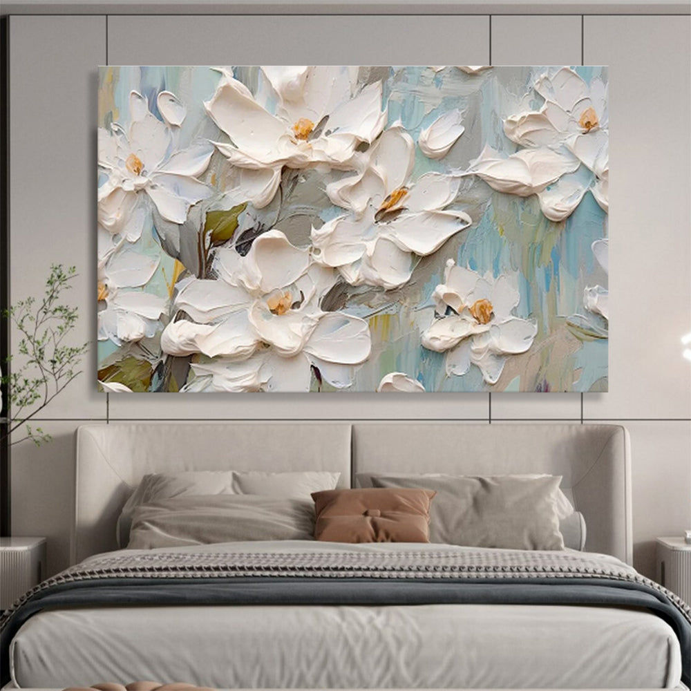 “Blossoming Serenity” - White, Green & Blue Floral, 3D - Textured Flower Acrylic Painting On Canvas DKS686