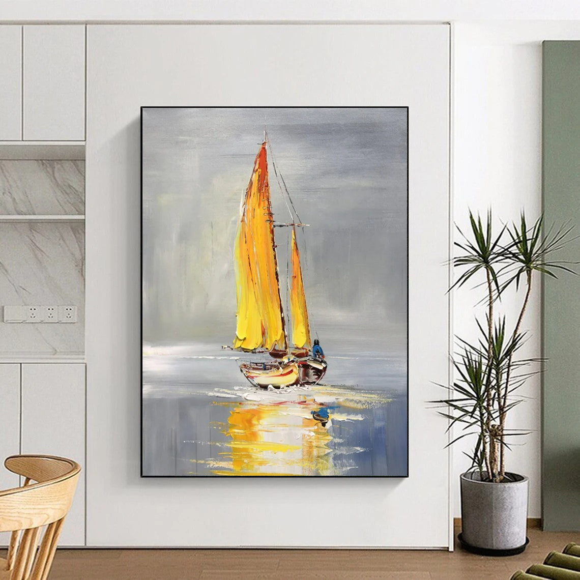 “Yellow - Sailed Boat on Calm Water” - Impressionistic Oil Painting On Canvas PT2198