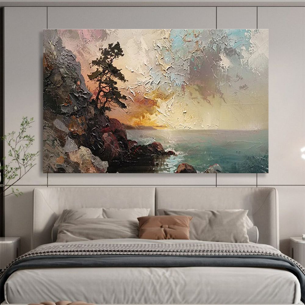 “Coastal Sunset Cliff” - Impasto Seascape Painting On Canvas DKS463