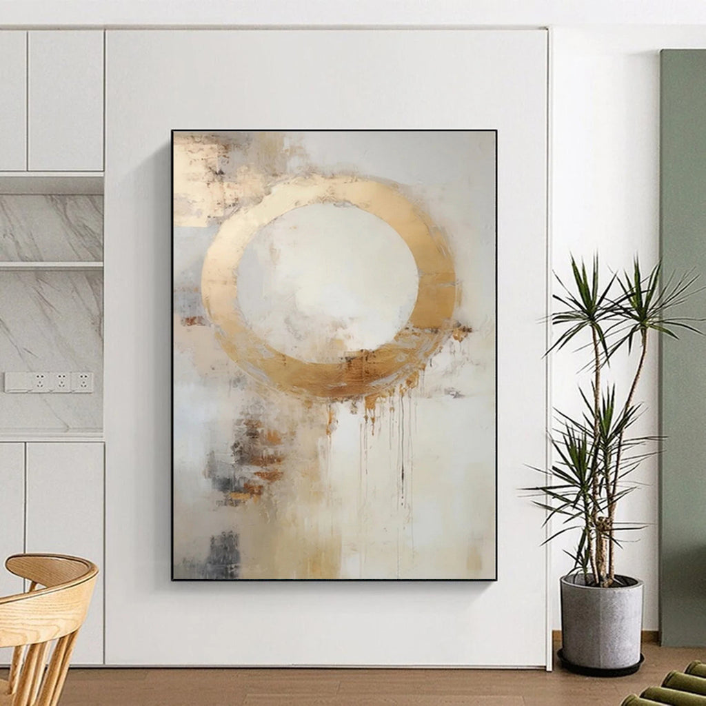 “Gold - White Abstract Circle” - Gold, White, Beige Abstract Minimalist Painting On Canvas PS0586