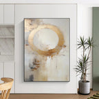 “Gold - White Abstract Circle” - Gold, White, Beige Abstract Minimalist Painting On Canvas PS0586