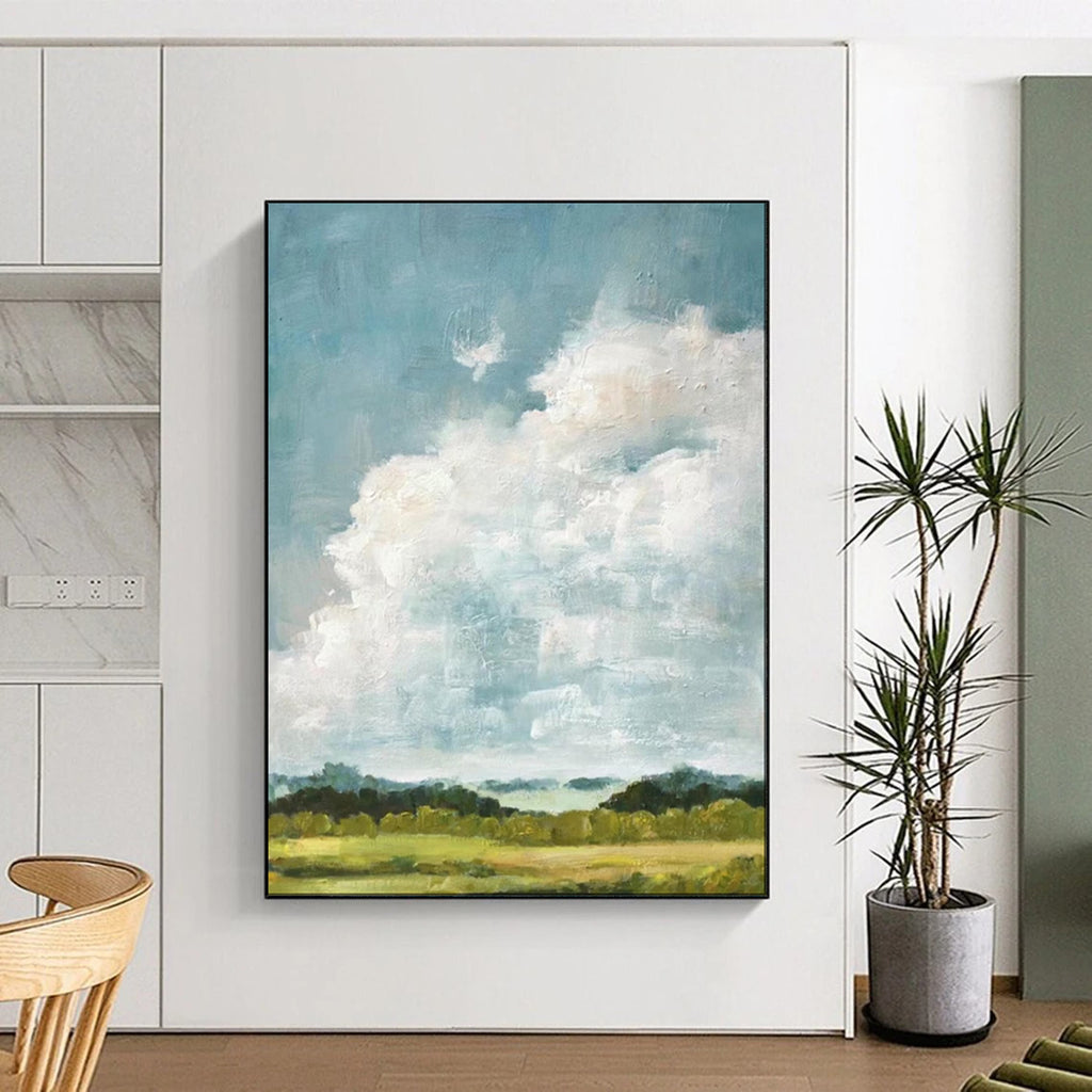 “Fluffy White Clouds Over Green Fields” - Impressionist Sky Painting On Canvas PT1878