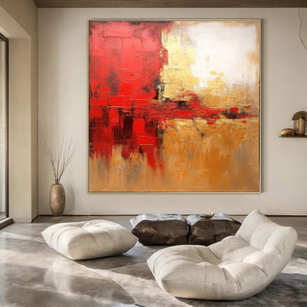 Red, Gold, and Beige, "Fiery Elegance" – Abstract Painting On Canvas PS1021