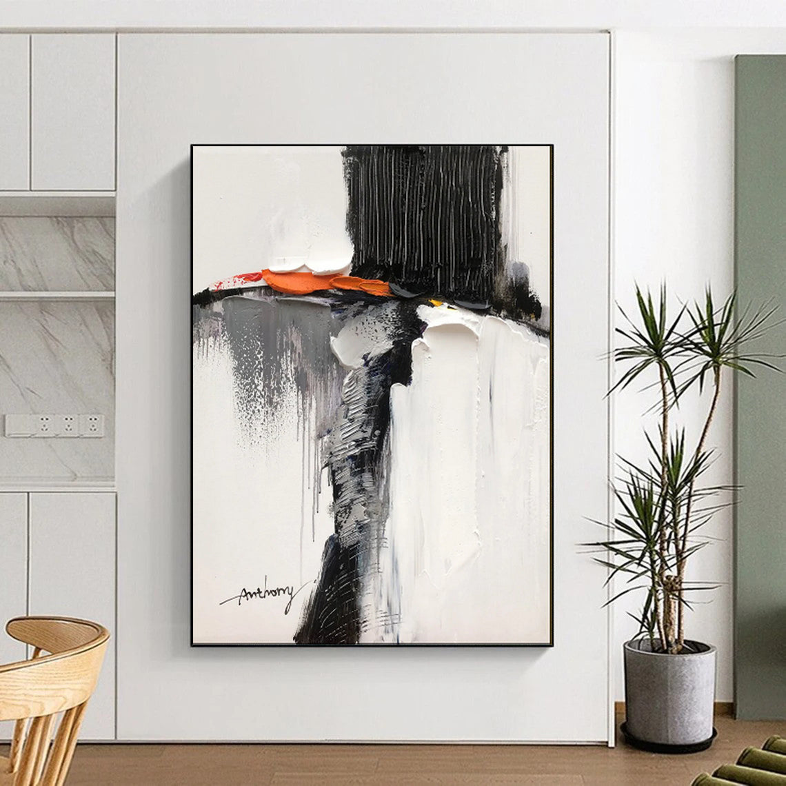 Black - White - Orange Abstract Mix, With a Nod to Clyfford Still's Style, Painting On Canvas PT2089