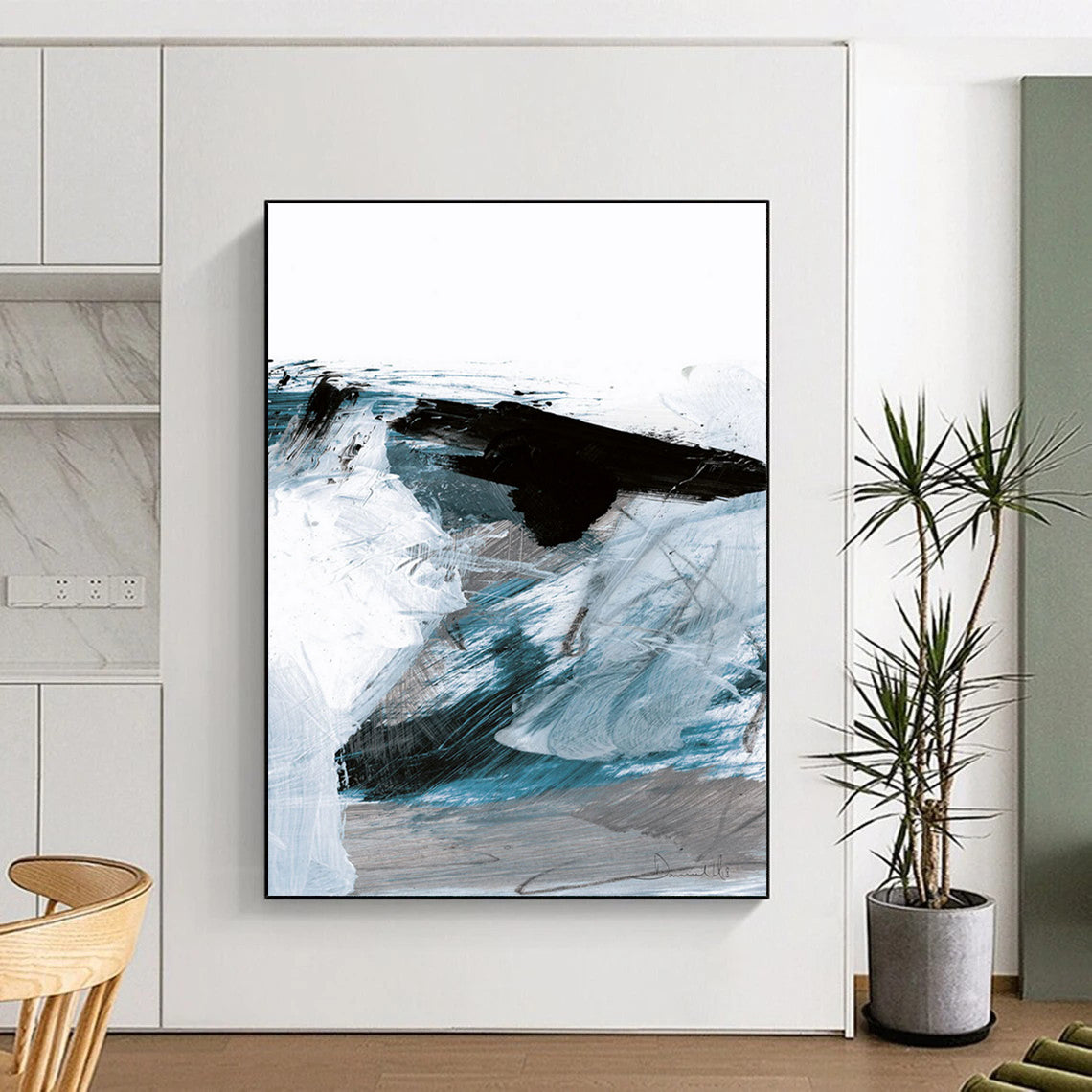 “Dynamic Blue & Black Layers” - Shades of Blue with Bold Black Accents Painting On Canvas DS220