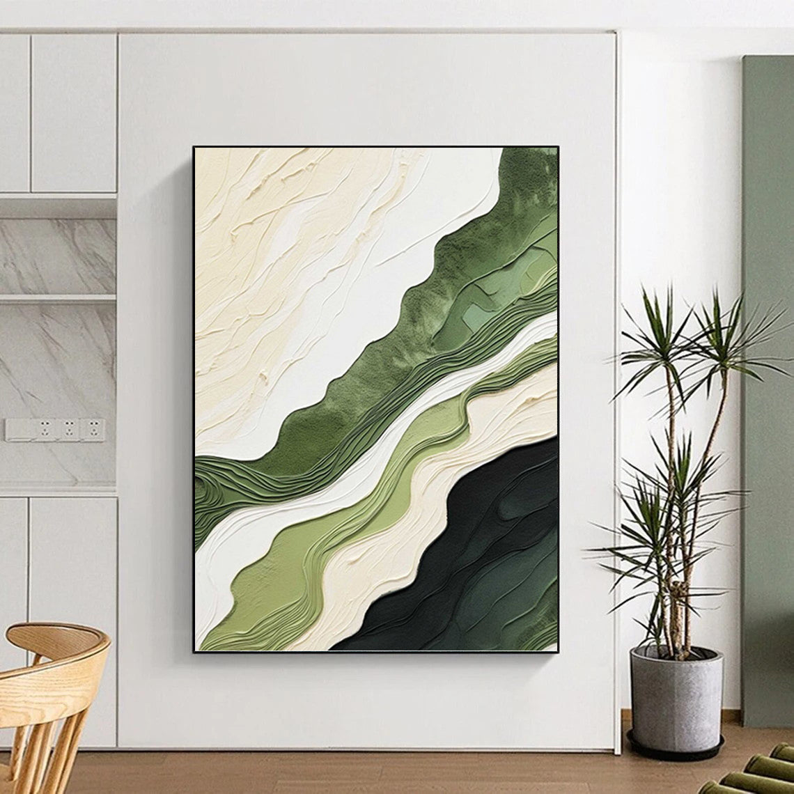 “Green and Beige Wavy Layers” - Nature - Inspired, Textured Abstract Painting On Canvas PT1486
