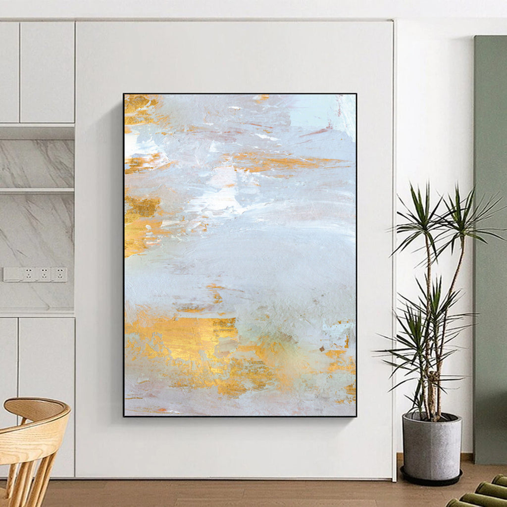“Gold - Accented Coastal” - Light Gray & Shimmering Gold Seascapes Painting On Canvas DS160