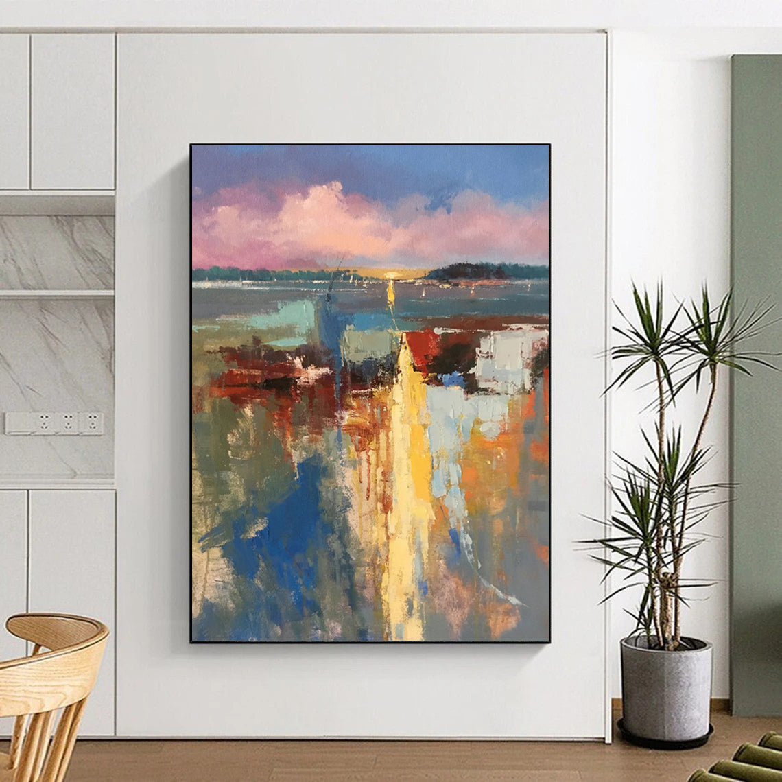 “Colorful Abstract Harbor” - Impressionistic, Vibrant - Hued Painting On Canvas PT1578