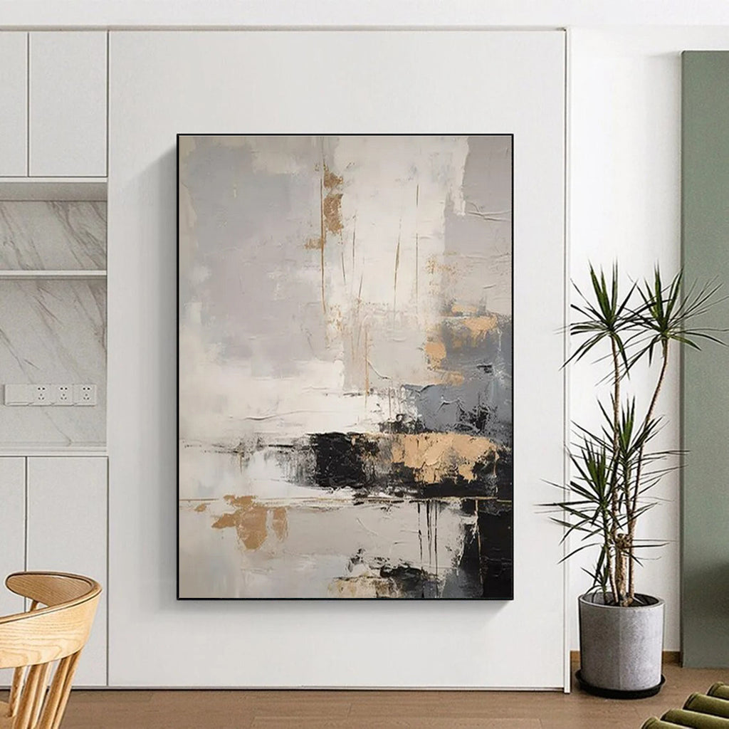 Gray, White & Gold Abstract Drips "City Lights" Painting On Canvas PS0863
