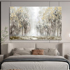 “Misty Golden Forest” - Gray, Gold & Green Landscape, Impressionistic Oil Painting On Canvas DKS737