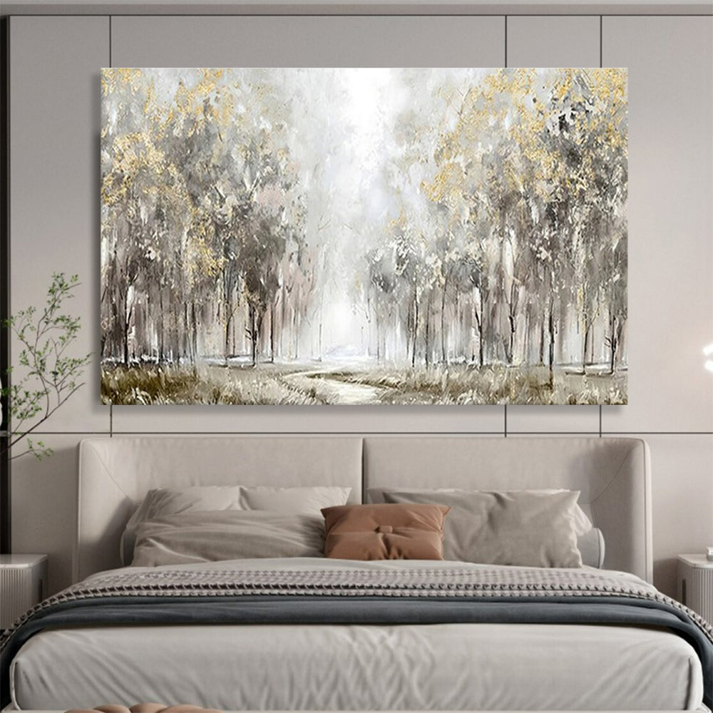 “Misty Golden Forest” - Gray, Gold & Green Landscape, Impressionistic Oil Painting On Canvas DKS737