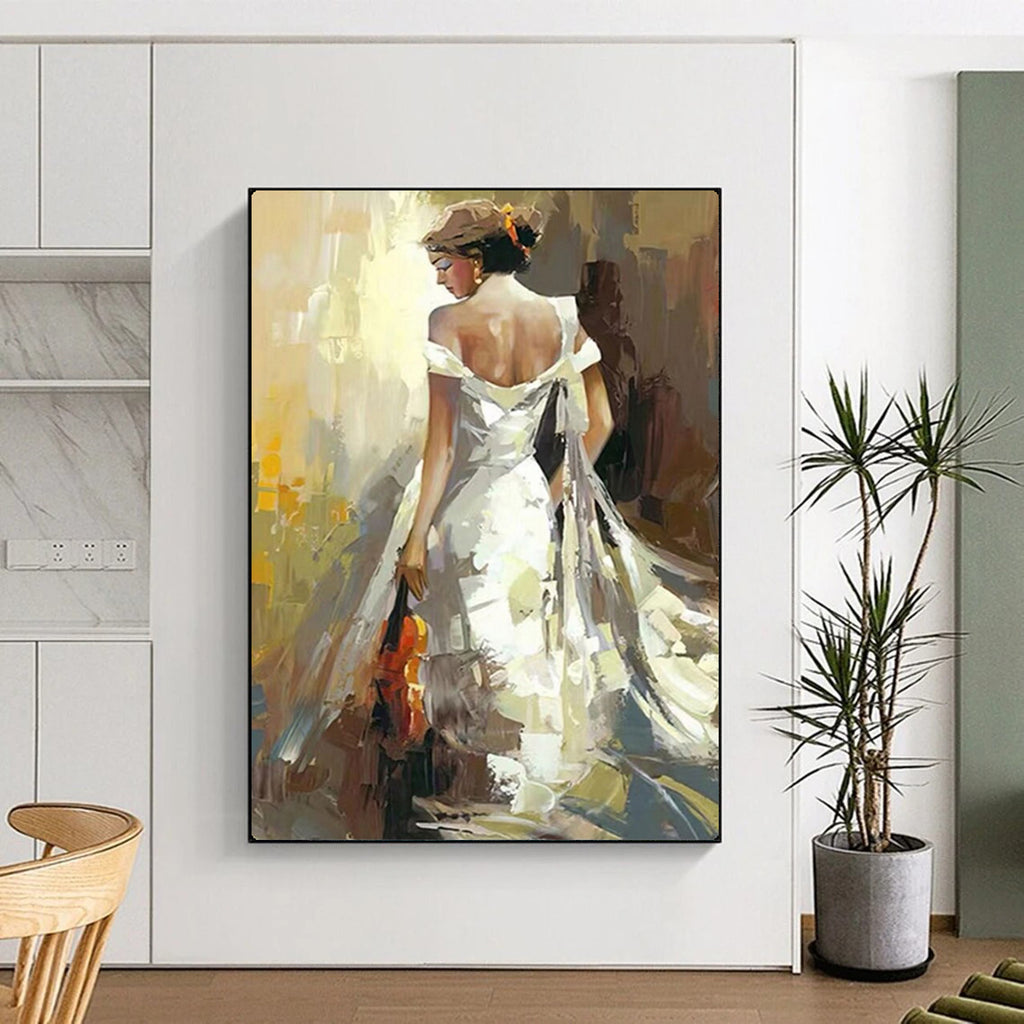 “Woman in White Gown with Violin” - Expressive Oil Painting On Canvas PT2175