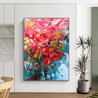 “Vibrant Pink Flowers in Blue Vase” - Impressionist - Inspired Floral Painting On Canvas PT1432
