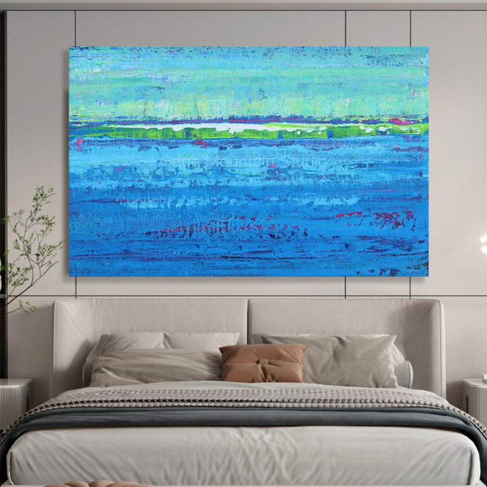 “Colorful Striped Water and Green Land” - Abstract Landscape - Painting On Canvas PT1793