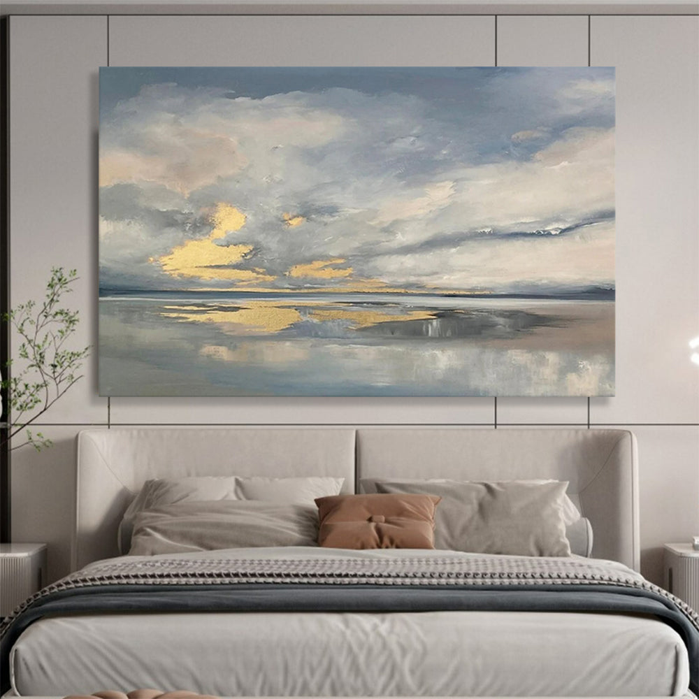“Gray - Gold Sky Reflection” - Landscape Painting On Canvas PT253
