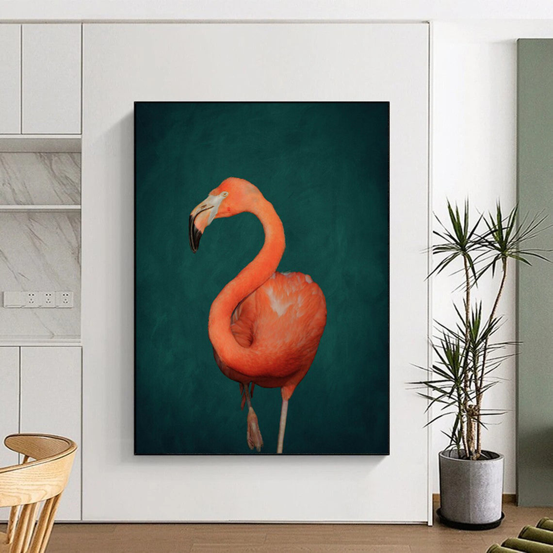 “Pink Flamingo on Dark Green” - Wildlife Portrait Painting On Canvas PT1920
