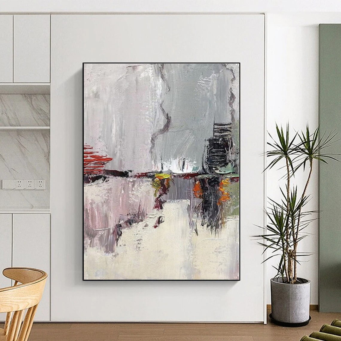 “Gray - Toned Abstract Scene” - Gray, Red, Yellow Abstract Landscape - Inspired Painting On Canvas PS0402