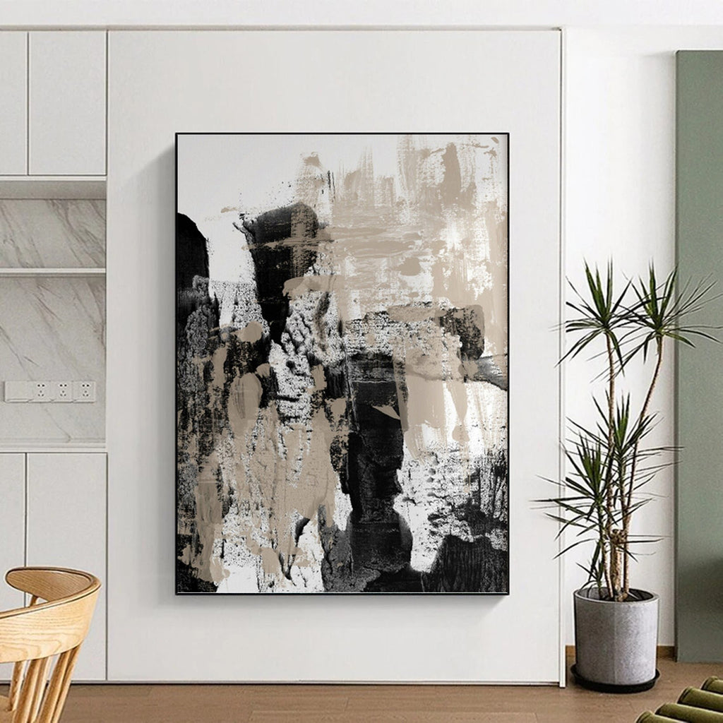 “Monochrome Textures: Black, White, and Beige Abstract” - Expressionistic Minimalist Art On Canvas PT0966