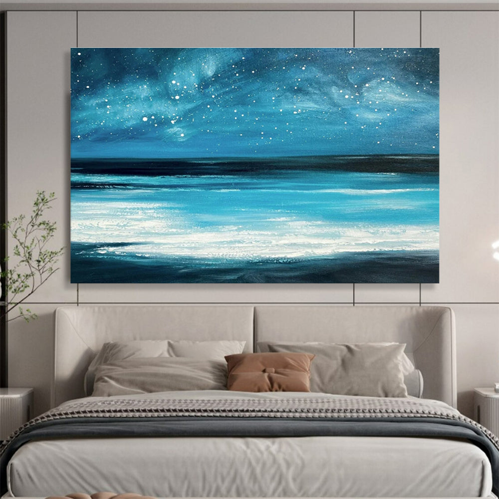 Blue Night Sky with Stars Over Turquoise Sea Seascape Painting On Canvas DKS104