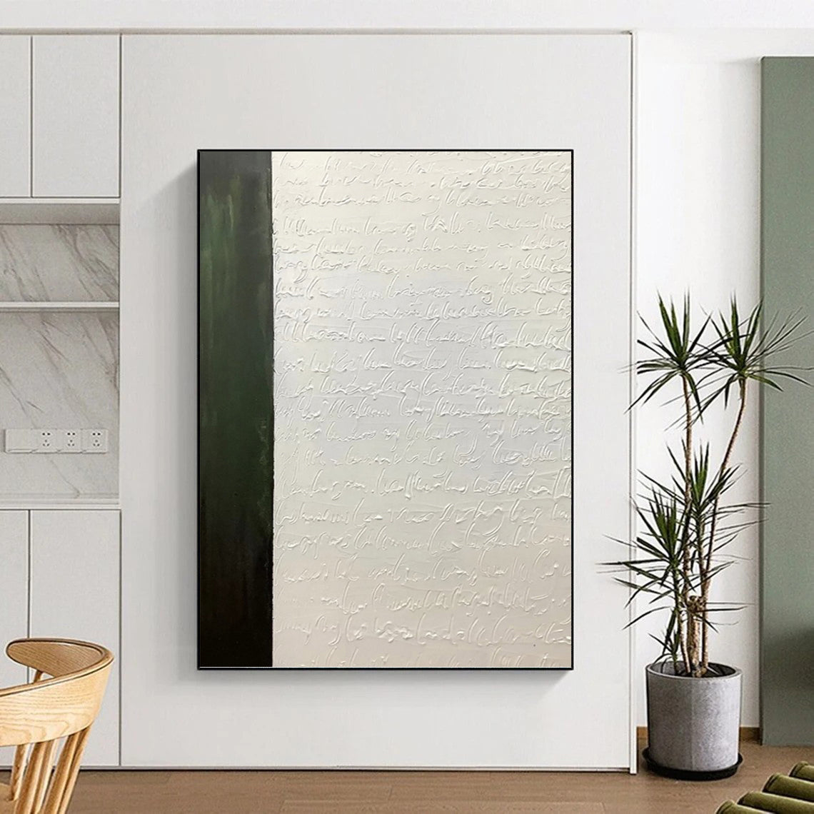 “Green - White Textured Script” - Textured Abstract Painting On Canvas PT1181