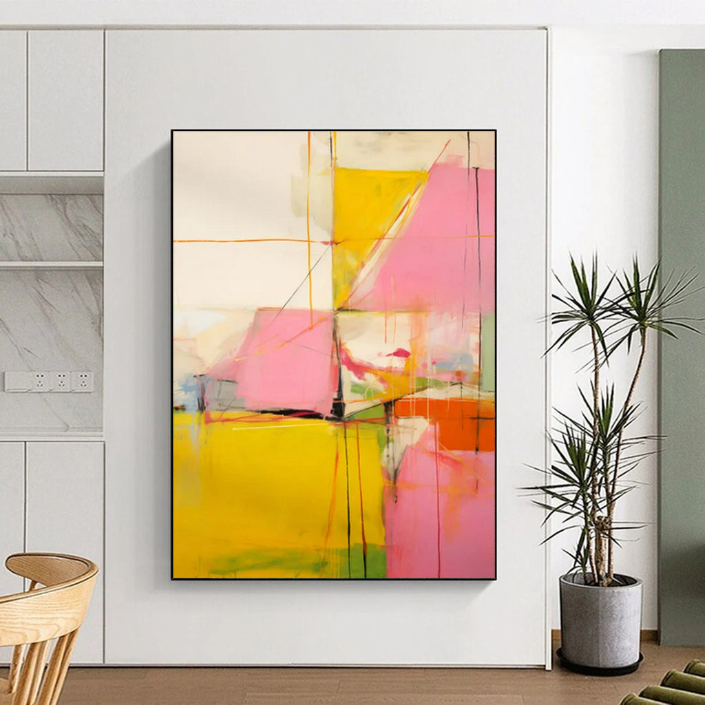Pink, Yellow, Orange & Green Geometric Abstract "Playful Prism" Painting On Canvas PS0873