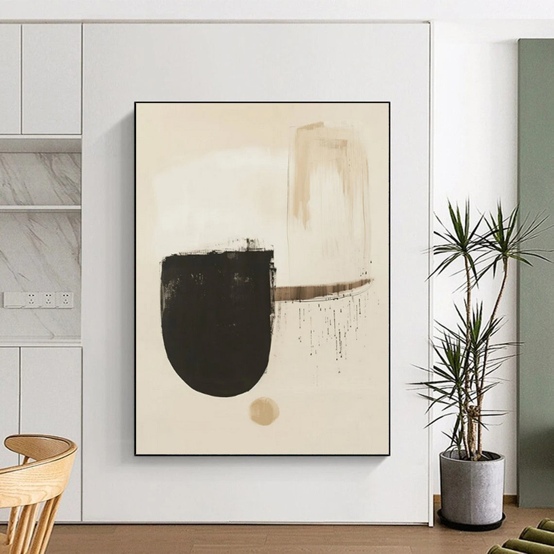 “Subtle Beige - Black Abstract Shapes” - Contemporary Abstract Painting On Canvas PS0275