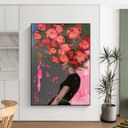“Pink Flowers on Head Abstract Portrait” - Pop - Art Inspired Painting On Canvas PT1952