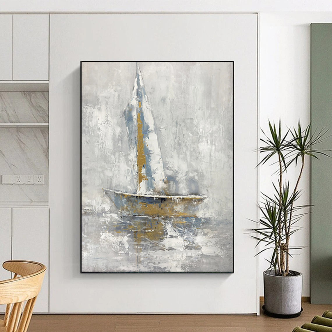 “Sailboat in Gray - Blue Abstract” - Nautical Abstract Painting On Canvas PT1957
