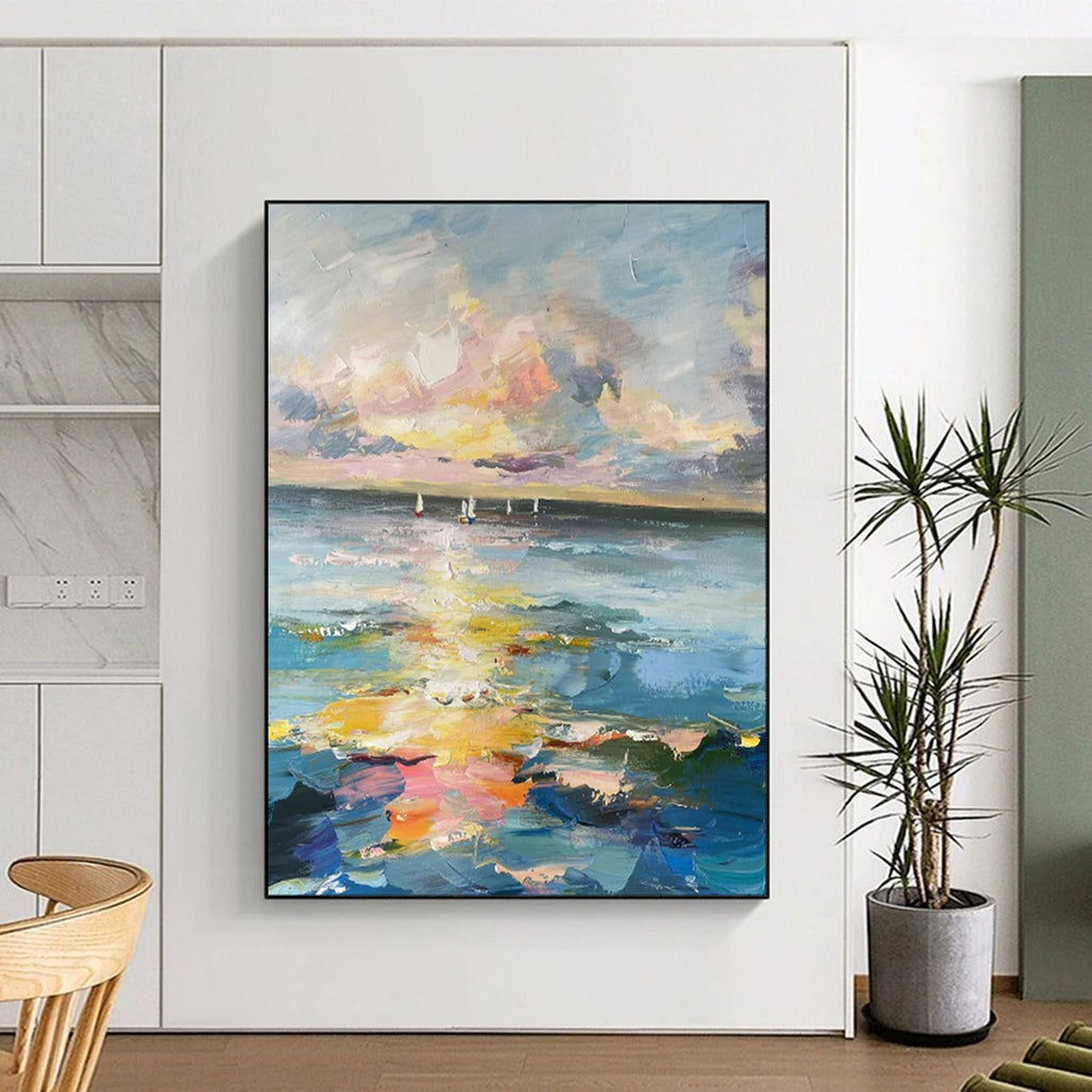 “Colorful Impasto Sunset Ocean with Sailboats” - Impasto Seascape Painting On Canvas PT1896