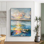 “Colorful Impasto Sunset Ocean with Sailboats” - Impasto Seascape Painting On Canvas PT1896