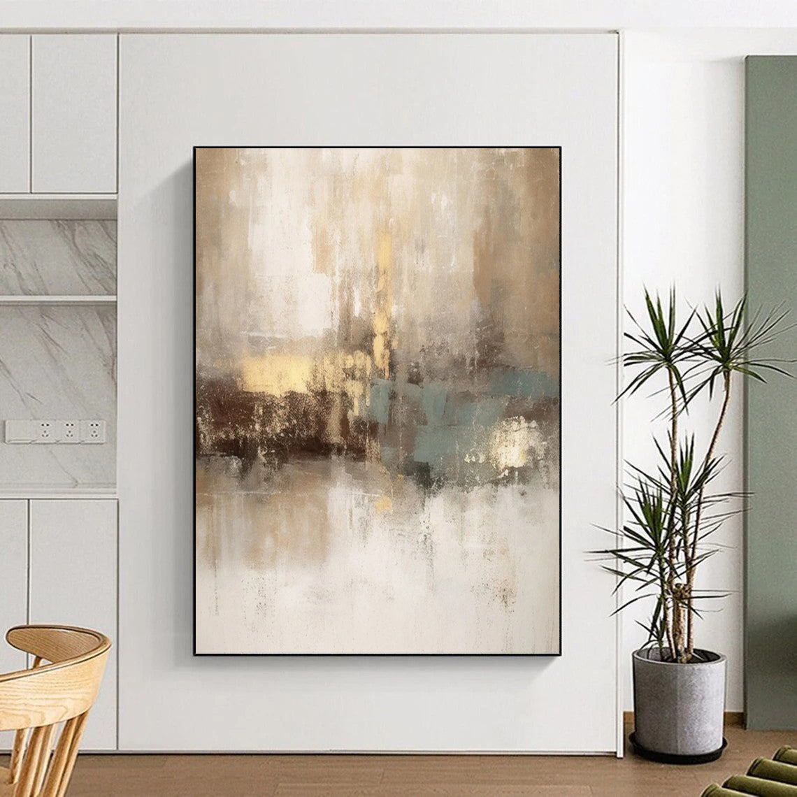 Beige - Gray - Teal Abstract Fusion Textured Painting On Canvas DS068