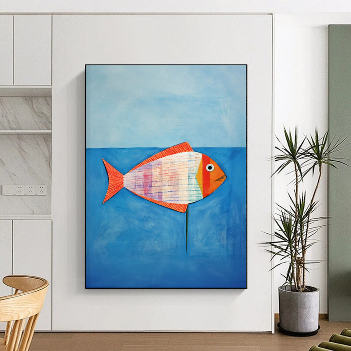 “Colorful Striped Fish on Blue” - Naive Art - Inspired Painting On Canvas PT1836