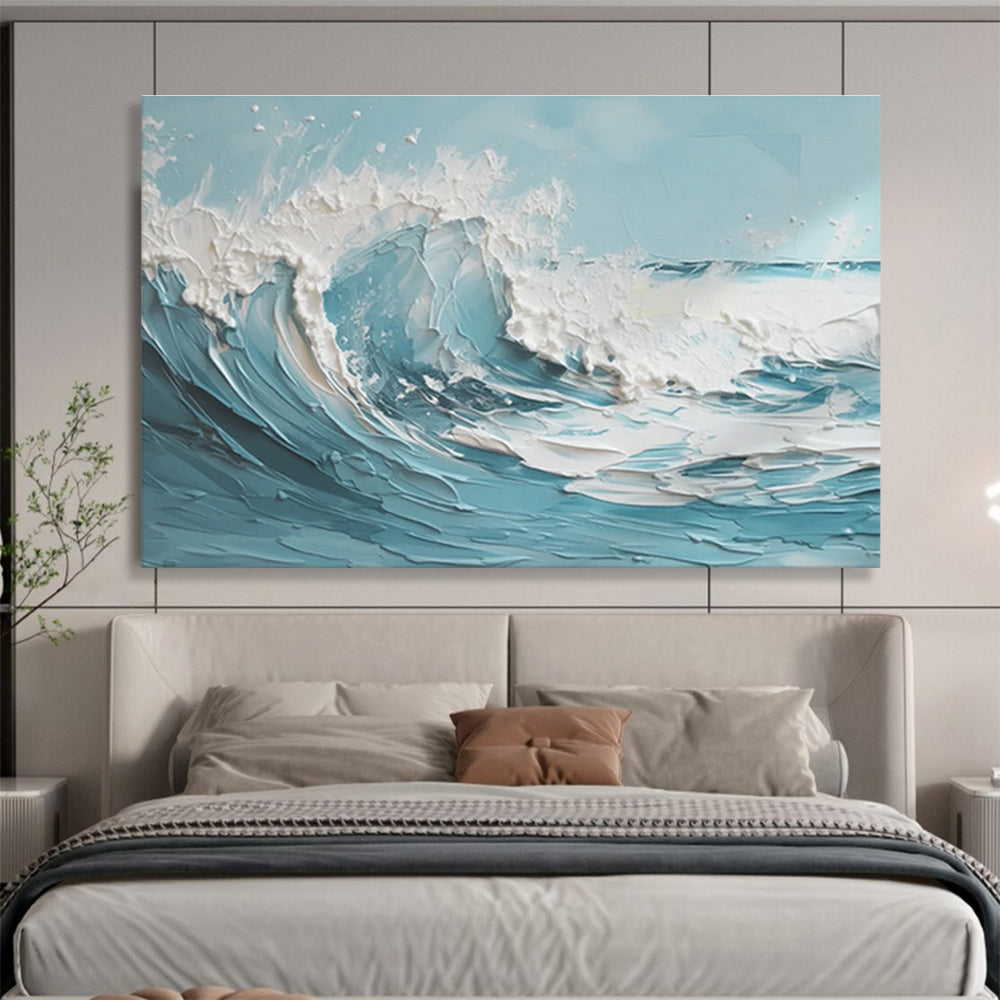 Blue & White Impasto Wave Abstract Painting On Canvas DKS042