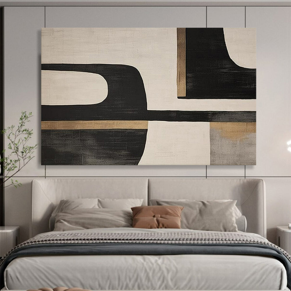 “Black - Beige Geometric Forms” - Abstract Modernist - Painting On Canvas PT1734