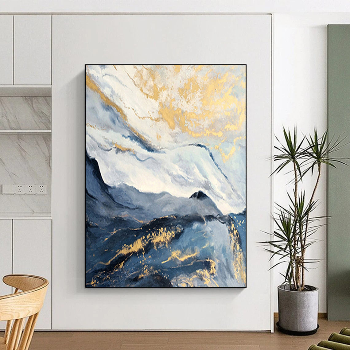 “Golden Accents: Blue and White Abstract Landscape” - Luxurious Abstract Landscape Painting On Canvas PT0930