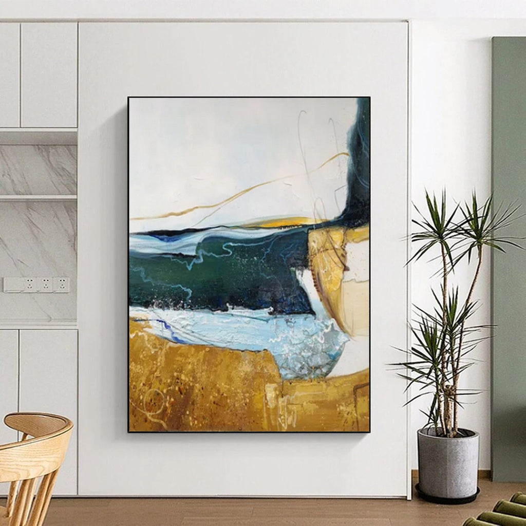 “Green - Gold - Blue Abstract 2” - Mixed - Media Abstract Painting On Canvas PT2337