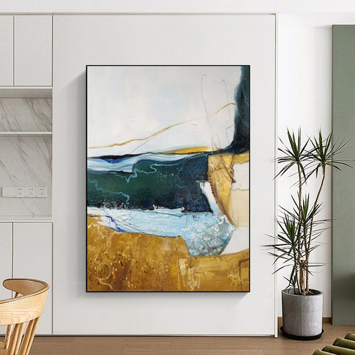 “Green - Gold - Blue Abstract 2” - Mixed - Media Abstract Painting On Canvas PT2337