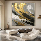 Gold, Black, and White Swirl Detail - Close - Up Textured Abstract Painting On Canvas PS1252