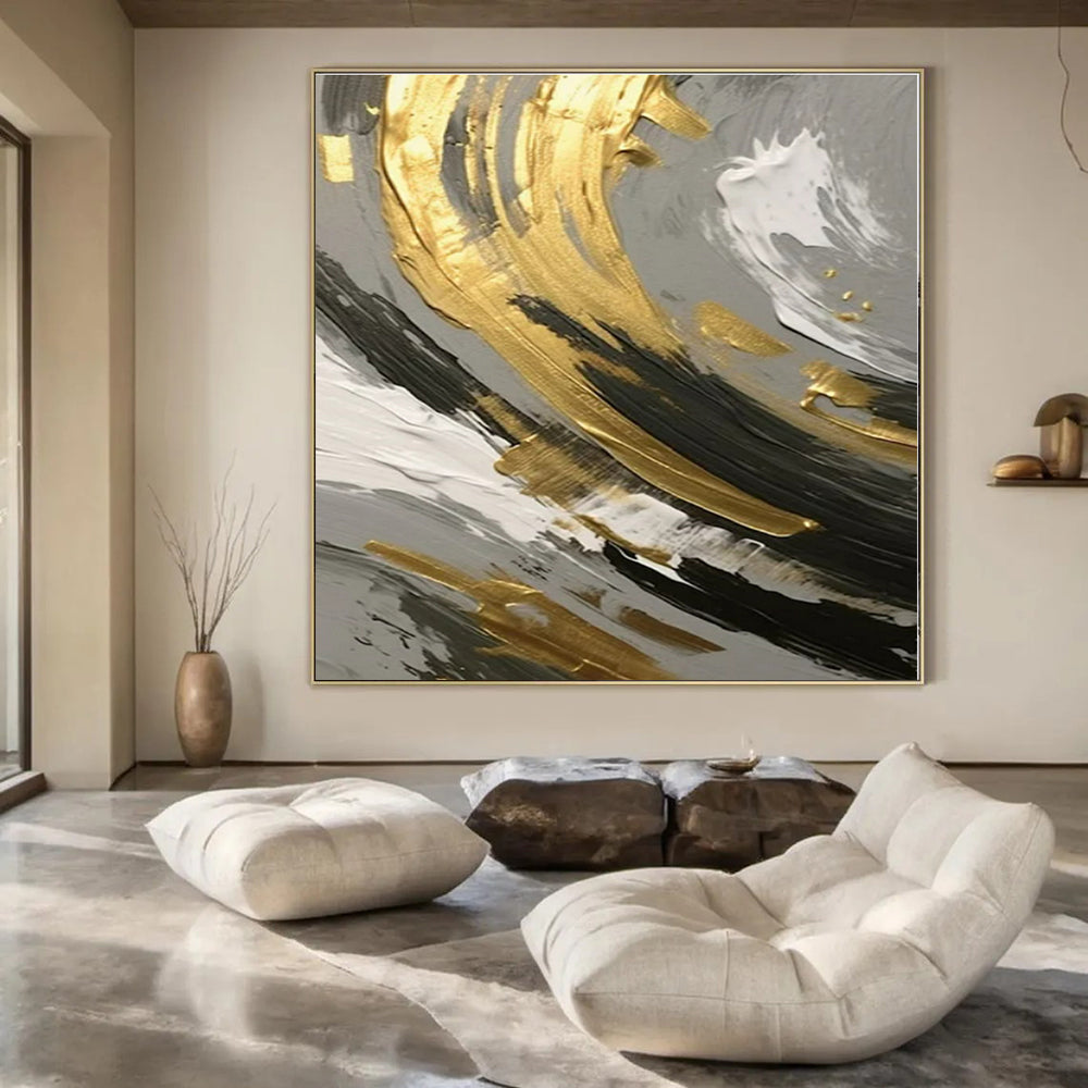 Gold, Black, and White Swirl Detail - Close - Up Textured Abstract Painting On Canvas PS1252