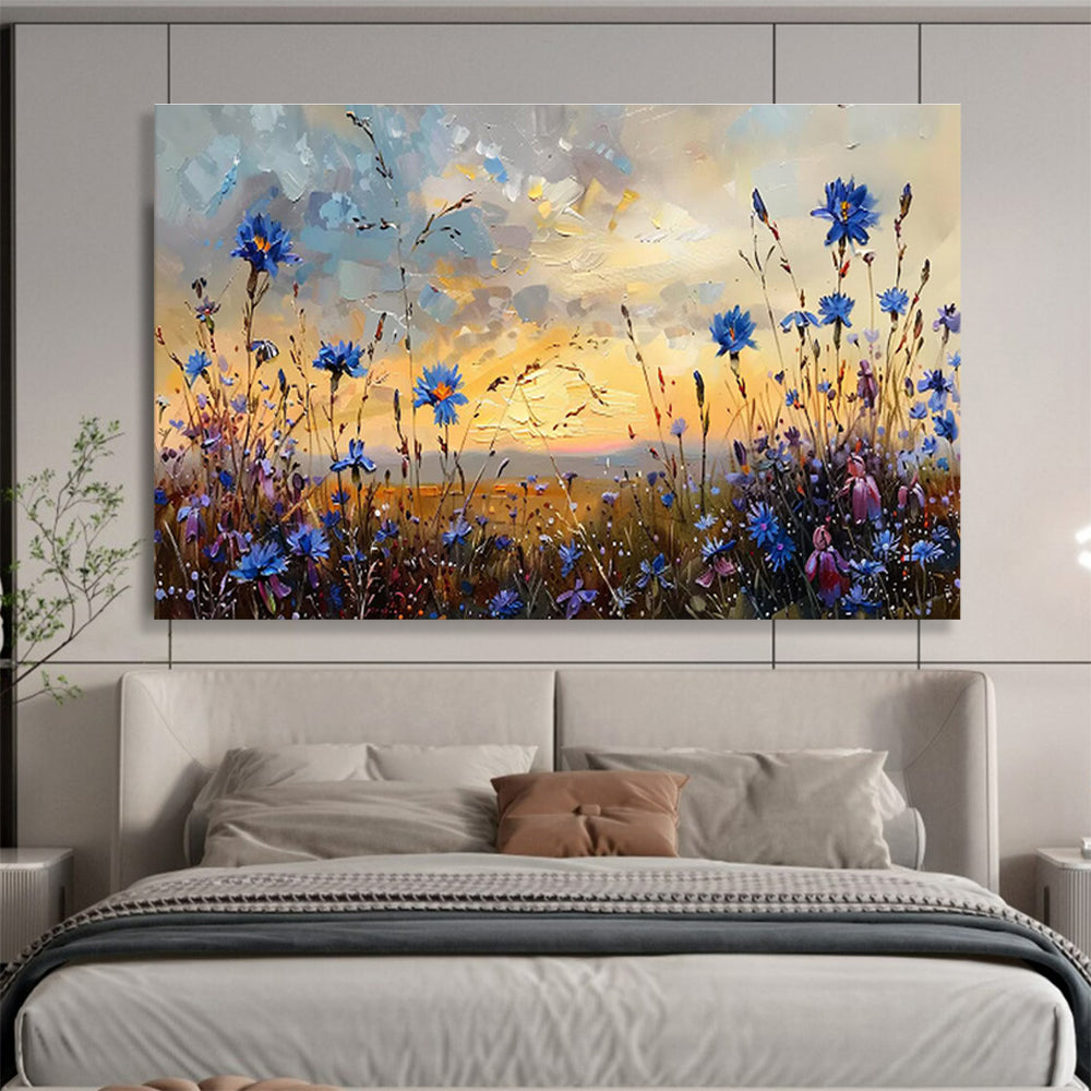 “Blue Wildflower Sunset” - Orange, Blue & Purple Floral, Impressionistic Field Painting On Canvas DKS698