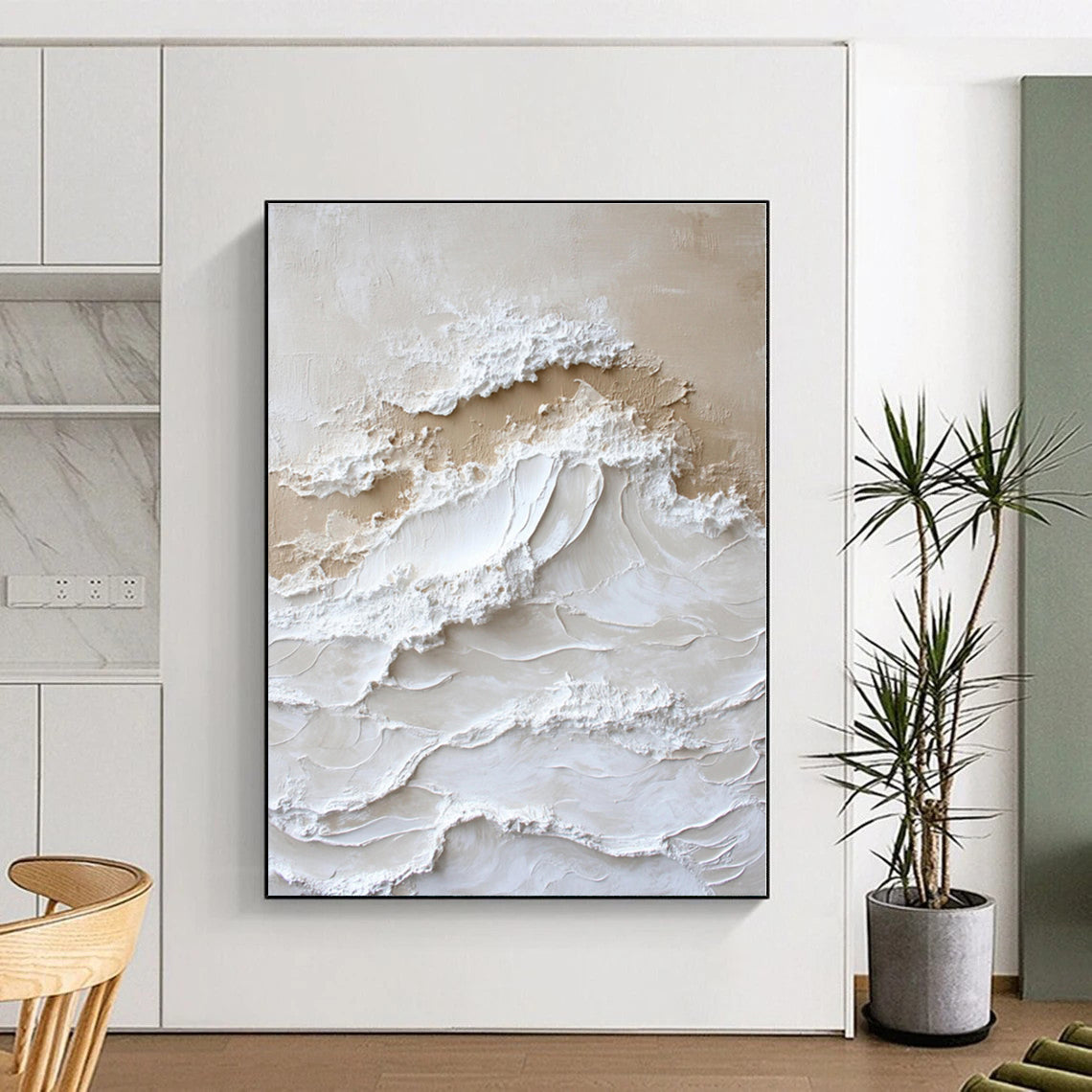 “Cream - White Textured Waves” - Cream, White Textured Abstract Painting On Canvas PS0444