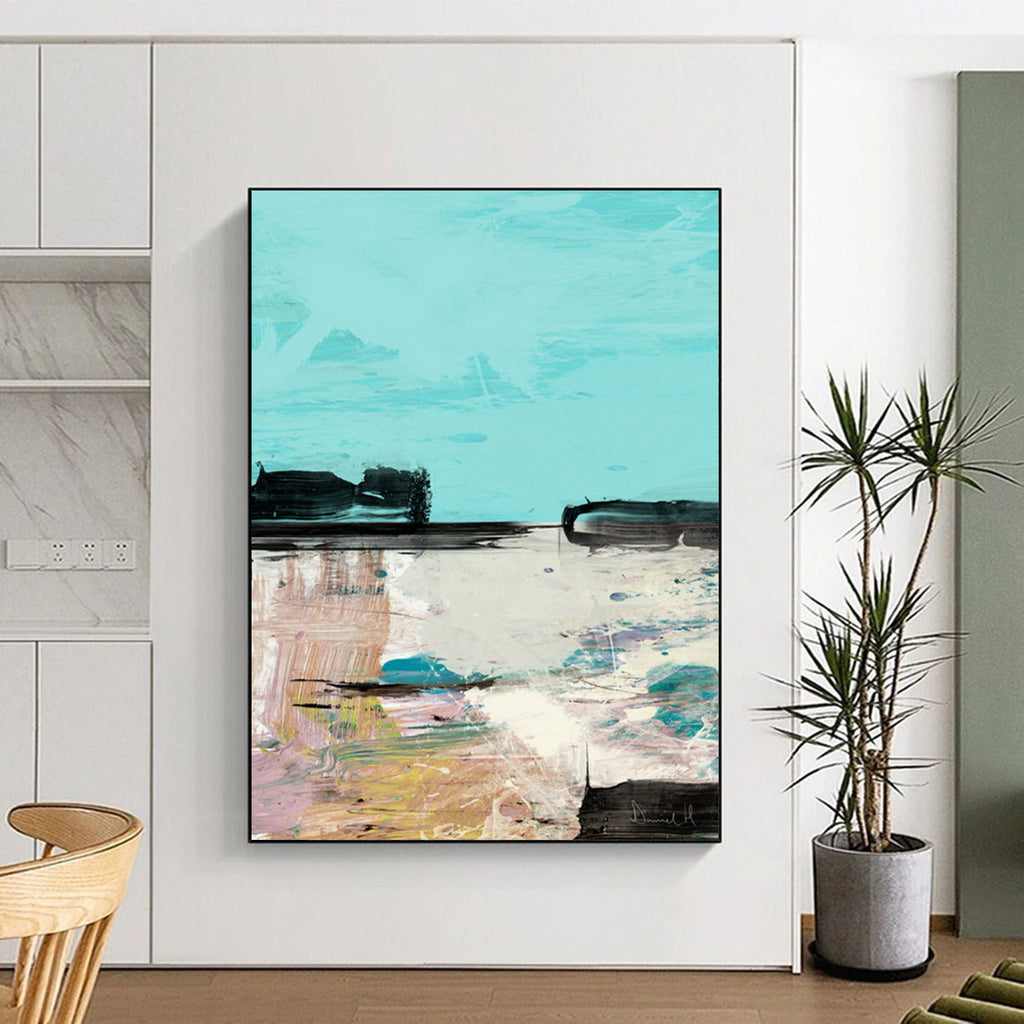 “Abstract Coastal Scene” - Turquoise Sky & Colorful Shoreline Painting On Canvas DS197