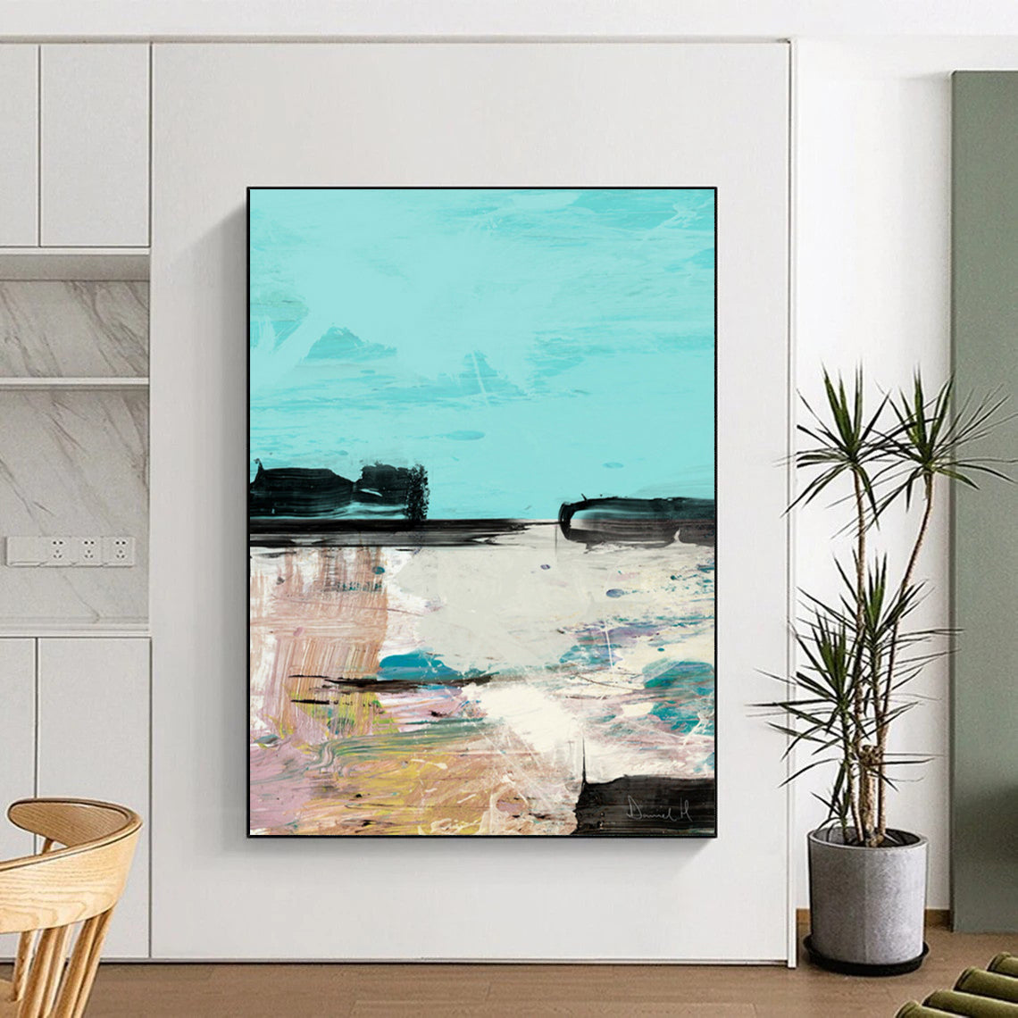“Abstract Coastal Scene” - Turquoise Sky & Colorful Shoreline Painting On Canvas DS197