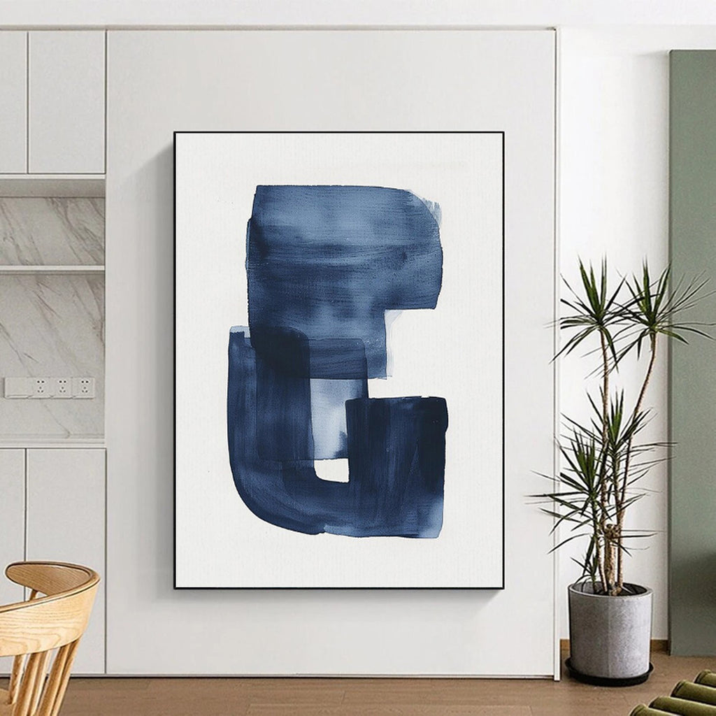 “Indigo Brushstroke Monogram” - Indigo, White Abstract Calligraphic Painting On Canvas PS0749