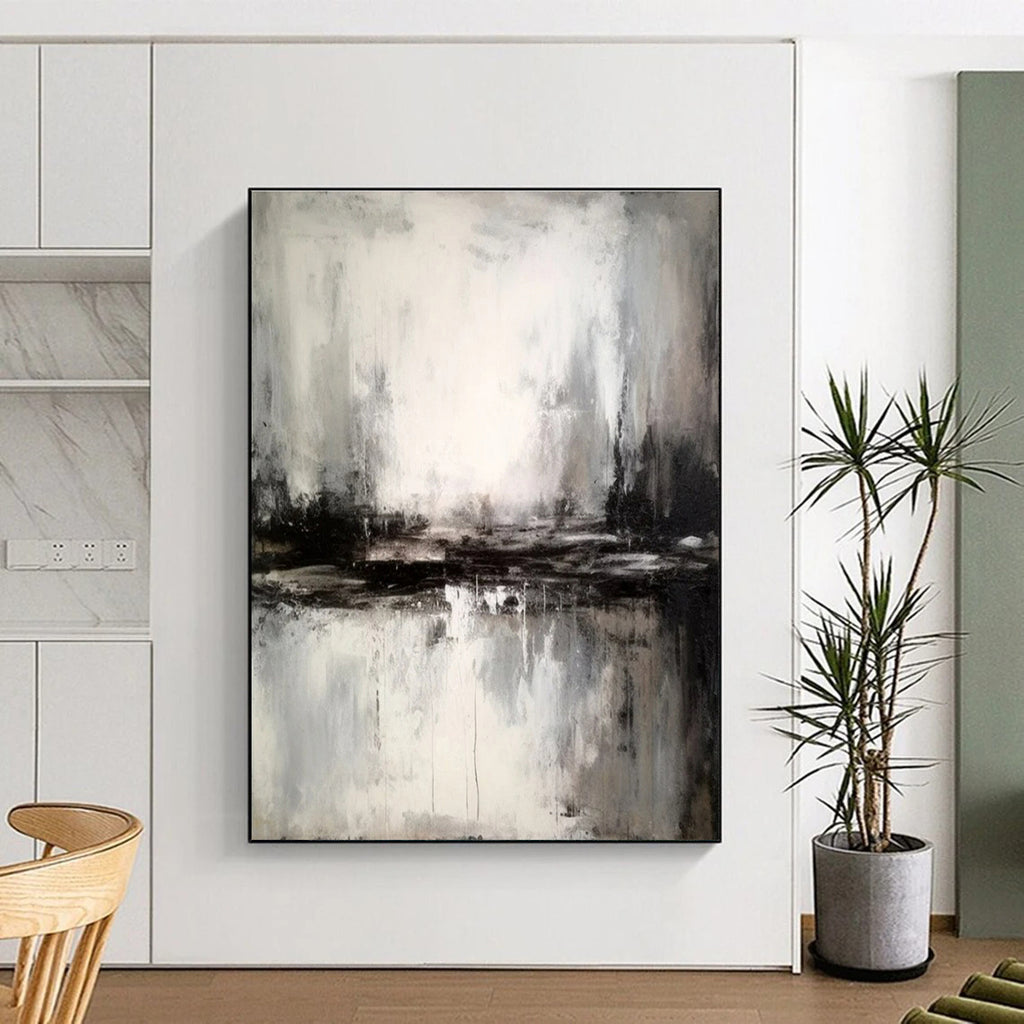 Monochrome Textured Landscape, "Moonlit Marsh" – Abstract Landscape Painting On Canvas PS0913