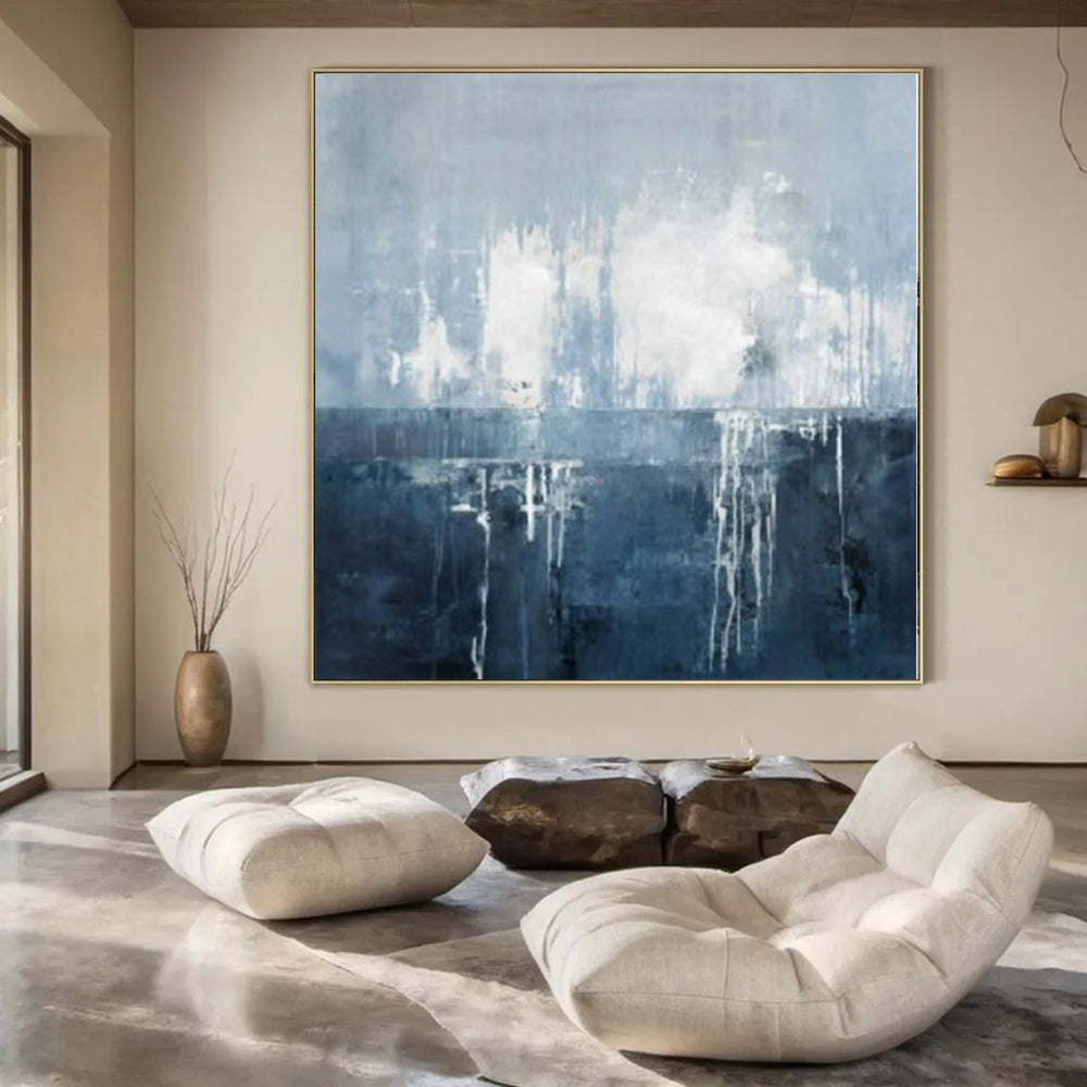 Blue, Gray and White with Flowing Drips "Oceanic Drift" Abstract Painting On Canvas PS1138