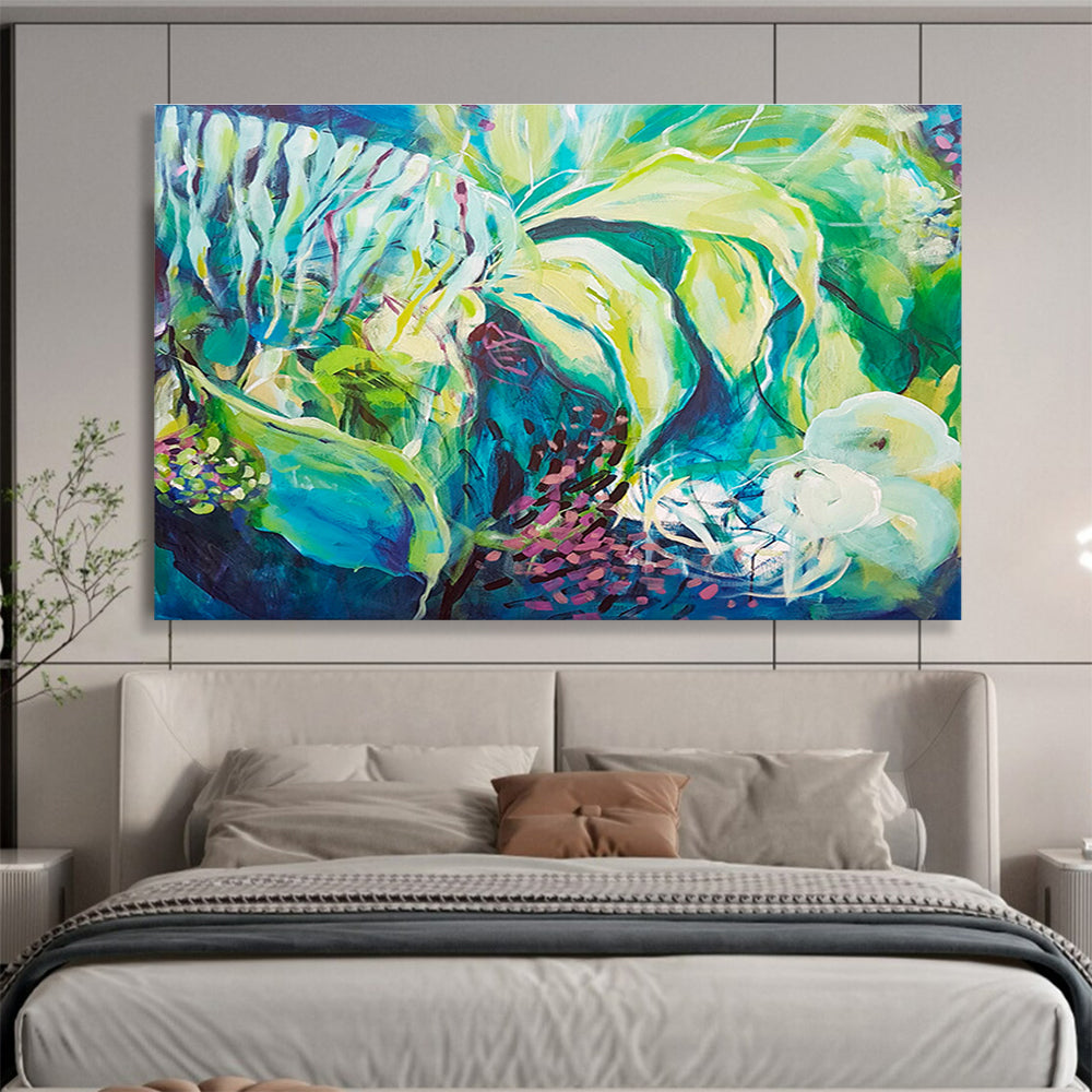 Vibrant Green & Blue Abstract Nature Painting On Canvas DKS055