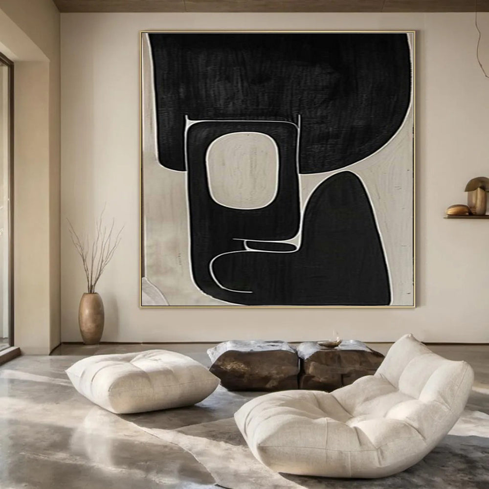 Black and White Organic Shapes "Shadow Geometry" Abstract Painting On Canvas PS1074