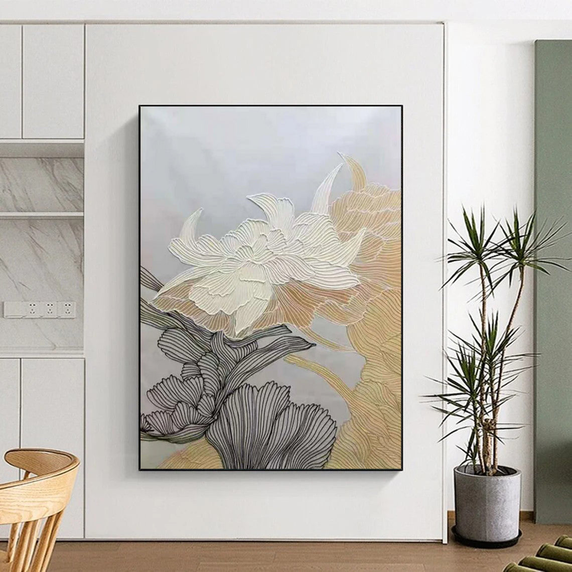 “Line - Detailed Floral Abstract” - Contemporary Floral Painting On Canvas PT1958