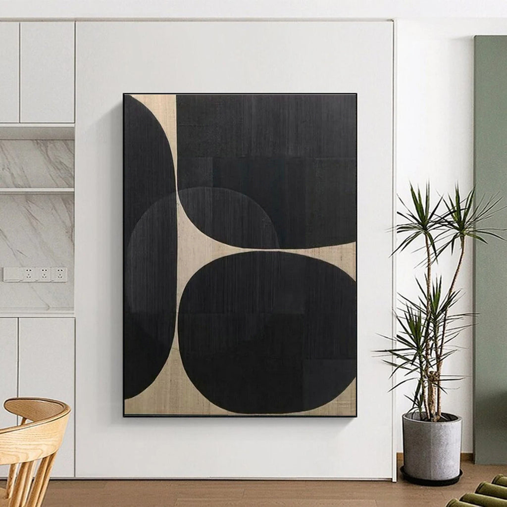 “Black - Beige Circular Composition” - Black, Beige Abstract Geometric Painting PS0595
